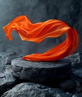 Flowing orange fabric levitating over dark stone podium against moody background, creating dynamic movement and contrast for luxury product display.