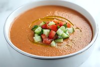 Refreshing gazpacho soup garnished with diced cucumber and tomatoes in white bowl, drizzled with olive oil. Traditional Spanish cold soup for summer dining.