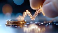 Stack of golden coins with glowing financial chart graph overlay, blurred bokeh background showing market volatility and investment analysis concept.