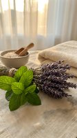 Natural spa setting with fresh lavender sprigs, mint leaves, sea salt in wooden bowl and linen towel on burlap surface for aromatherapy and wellness treatments.
