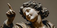 Classical marble statue with curly hair pointing upward in dramatic gesture against neutral background for educational and artistic projects.