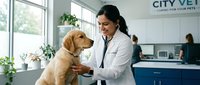 Female veterinarian of South Asian descent examining golden retriever dog in modern clinic with stethoscope during routine checkup appointment.