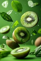 Fresh kiwi slices and green leaves floating in air with water droplets against vibrant green background for healthy food concept.