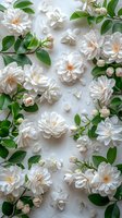 Delicate white camellia flowers and buds scattered on white background with fresh green leaves creating romantic floral composition. Suitable for wedding designs.