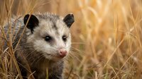 Young opossum with gray fur and pink nose standing in tall golden autumn grass in natural wildlife habitat.
