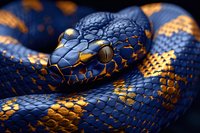 Close up macro shot of blue and gold snake head with detailed scales and piercing eyes, coiled body showing intricate pattern in dramatic lighting.
