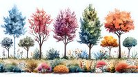 Watercolor forest landscape with colorful seasonal trees in blue, pink, purple, and orange, wild flowers and bushes in foreground against white background.