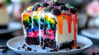 Rainbow-colored layered cake slice with white frosting, orange drip glaze, and chocolate cookie crumble topping on white plate, vibrant dessert photography.