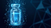 Digital medicine bottle with glowing blue polygonal wireframe design and floating particles on dark background for healthcare technology concepts.
