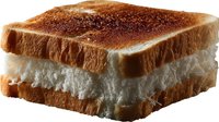 Toasted white bread sandwich with fluffy cream filling on transparent background, cross section view showing layers of golden crust and soft interior.