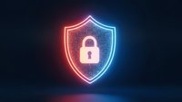 Cybersecurity shield with glowing neon outline and padlock symbol on dark background for digital protection and data security concepts.