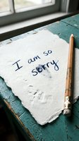 Handwritten apology note saying I am so sorry on torn paper with a pencil on a rustic teal wooden desk near a window.