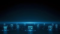 Digital commerce technology background with glowing blue icons representing online shopping, payment systems, and e-commerce solutions for business.