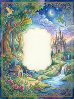Enchanted fairy tale frame with castle, magical tree, cottage and waterfall in fantasy landscape with ornate border for storytelling and design projects.