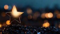 Golden star decoration glowing against dark bokeh background with glittering surface, creating magical holiday atmosphere for festive designs and cards.