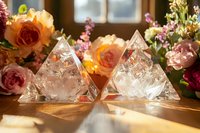 Crystal pyramid shapes with delicate internal formations catch sunlight among fresh roses and flowers in peach and pink tones, creating magical light reflections.