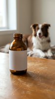 Amber glass medicine bottle with blank label on wooden table with blurred border collie dog in background for pet healthcare and veterinary treatment.