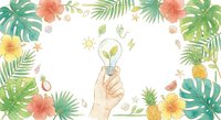 Hand holding lightbulb with plant inside surrounded by tropical leaves, flowers and fruits on white background. Eco-friendly innovation and sustainability concept.