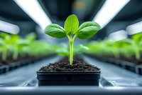 Young green seedling growing in black plastic pot with soil, illuminated by LED grow lights in modern hydroponic greenhouse facility. Sustainable agriculture concept.