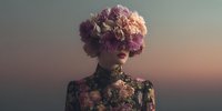 Surreal portrait of woman with elaborate floral headdress made of purple and pink blooms against dreamy sunset sky for creative fashion and art projects.