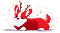 Festive red corgi puppy with antlers lying down surrounded by sparkling stars, perfect for holiday greeting cards and seasonal designs.