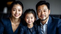 Asian family portrait with mother, father and young daughter smiling at camera. Parents wearing business attire and child in navy dress against dark background.