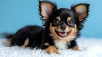 Smiling long-haired Chihuahua puppy with black and tan coat lying on white fluffy carpet against blue background, showing happy expression and perked ears.