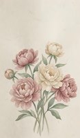 Watercolor peony bouquet in soft pink and cream tones on textured beige background for vintage botanical art and floral design projects.