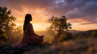 Woman meditating in lotus pose during golden hour sunset with dramatic sky and mountain landscape creating peaceful spiritual atmosphere for wellness and mindfulness.