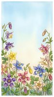 Watercolor columbine flowers in purple, blue, pink and yellow framing a soft pastel sky background with copy space for text or design.