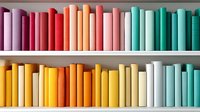 Colorful books arranged by color spectrum on white shelves creating rainbow gradient effect, from pink through red, orange, yellow to mint green and turquoise tones.