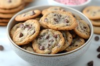 Fresh baked chocolate chip cookies with crispy edges and soft centers served in gray ceramic bowl, close up view of homestyle sweet treats for dessert.