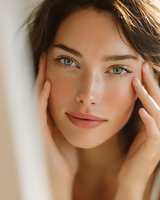 Young woman with natural glowing skin touching face gently with hands. Fresh clean beauty skincare routine concept for cosmetics and wellness products.