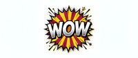 Comic book style WOW explosion burst with radiating lines and starburst effect on white background isolated for graphic design and print projects.