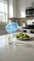 Glowing blue brain hologram floating above healthy salad and water glass in modern kitchen representing nutrition for cognitive health and mental wellness.
