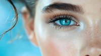 Close up view of bright blue eye with long eyelashes and natural eyebrow makeup against turquoise background, showing freckles and clean skin texture.