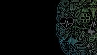 Medical brain concept with healthcare icons and symbols on dark background for technology and innovation presentations.