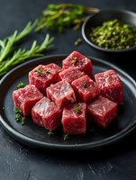 Raw beef tenderloin cut into cubes with fresh herbs and spices on black plate. Fresh meat seasoned with rosemary and thyme ready for cooking.