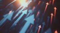 Glowing blue and orange arrows moving upward on dark background represent growth, success and progress in business visualization concept.
