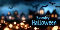 Blurred Halloween background with glowing lanterns, flying bats silhouettes and blue spooky text against dark night sky. Atmospheric holiday bokeh effect.
