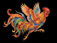 Colorful ornate rooster with spread wings, isolated on transparent background, ready for t-shirts, stickers, sublimation, print on demand, and clipart design use.
