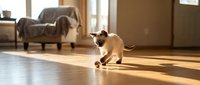 Playful young cat with tan and white coat pouncing on toy mouse on wooden floor in bright sunlit living room with furniture and windows.