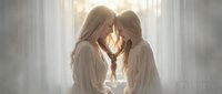 Two young women sharing intimate moment by window with soft natural light creating warm romantic atmosphere for lifestyle photography.
