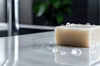 Natural handmade soap bar with water droplets on modern bathroom counter surface for skincare and hygiene routine.