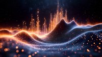 Abstract digital wave visualization with glowing orange and blue light streams flowing through dark space, particles and energy lines creating dynamic motion effect.