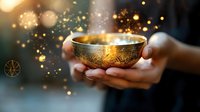 Magical glowing Tibetan singing bowl with golden sparkles and light particles held in gentle hands against dark background. For wellness and meditation designs.