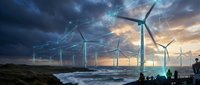 Wind turbines in offshore farm with digital network overlay representing renewable energy technology and sustainable power generation for global electricity infrastructure.