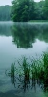 Tranquil lake scene with green reeds reflecting in still water during misty morning, forest backdrop creates serene natural atmosphere. Perfect for wellness concepts.