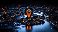 Orange location pin marker on dark night city map with glowing streets and navigation points, modern technology concept for GPS navigation and location services.
