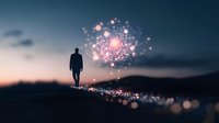 Silhouette of man standing on hill at dusk with glowing pink magical light orbs floating in dark moody sky, spiritual enlightenment concept background.